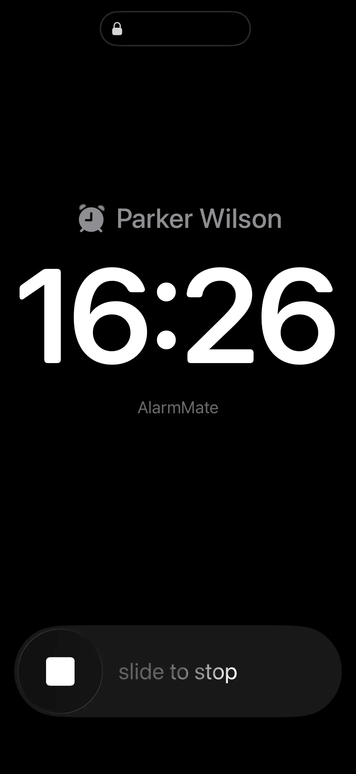 iPhone lock screen during an Alarm Mate alarm, showing the time and the buddy's name