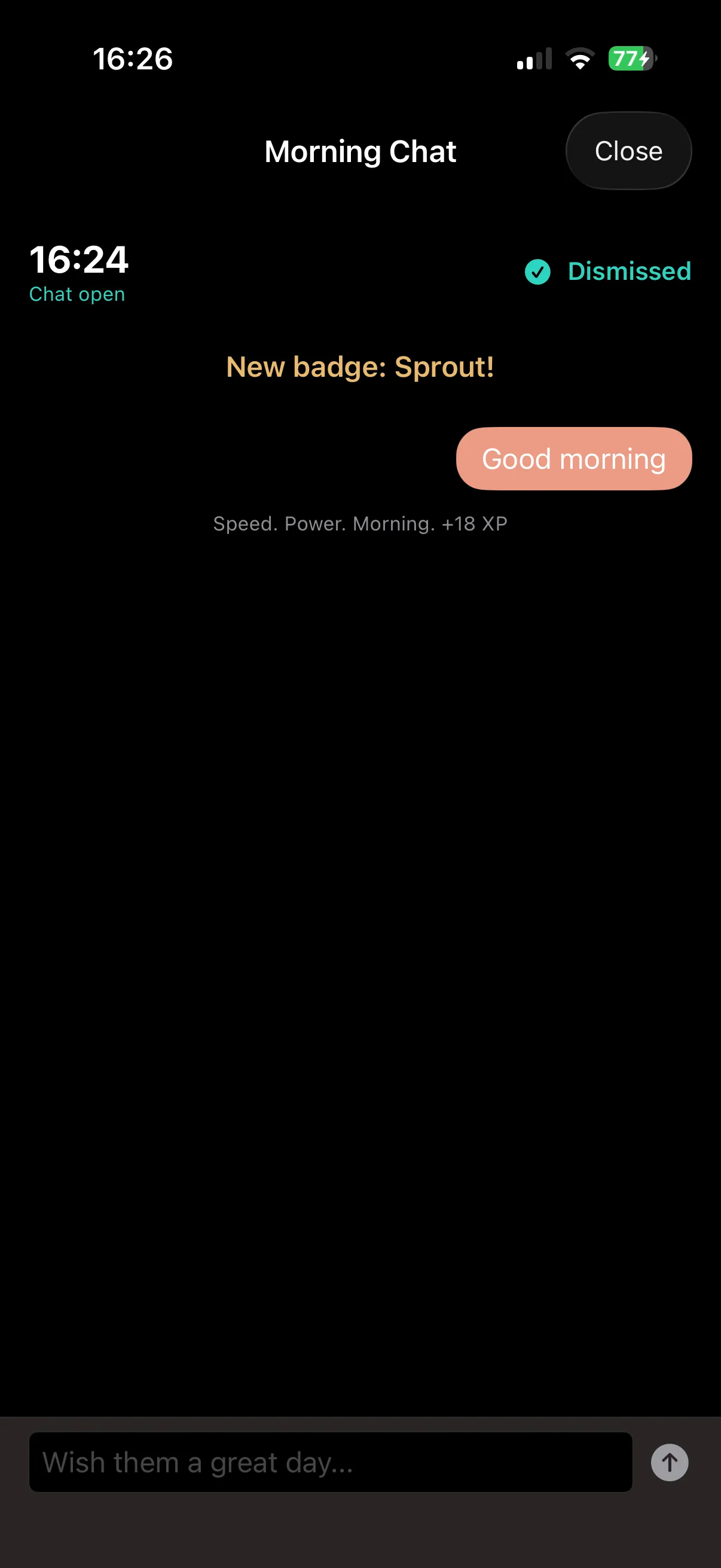 Morning Chat screen showing a dismissed alarm, a new Sprout badge, and a good morning message