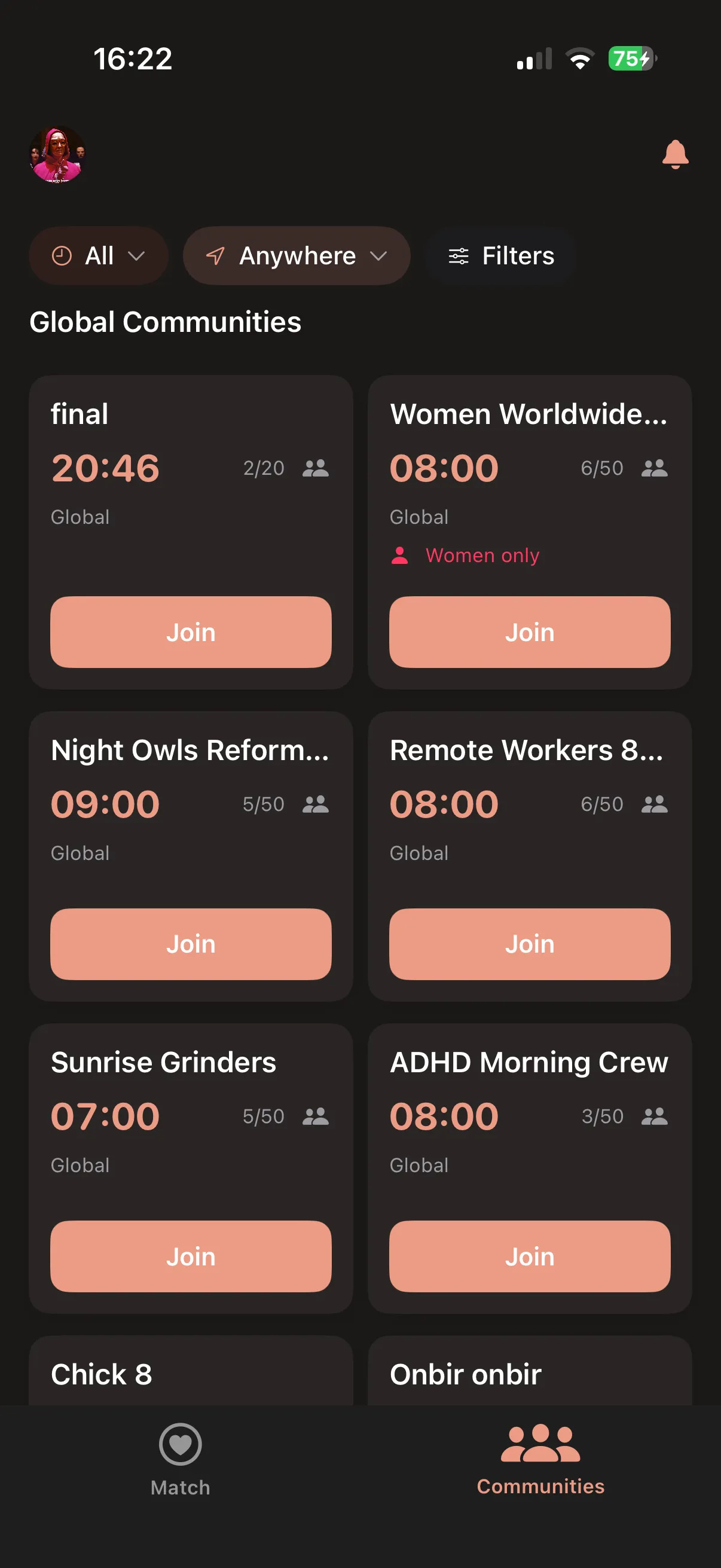 Communities tab with a grid of joinable wake-up groups and member counts