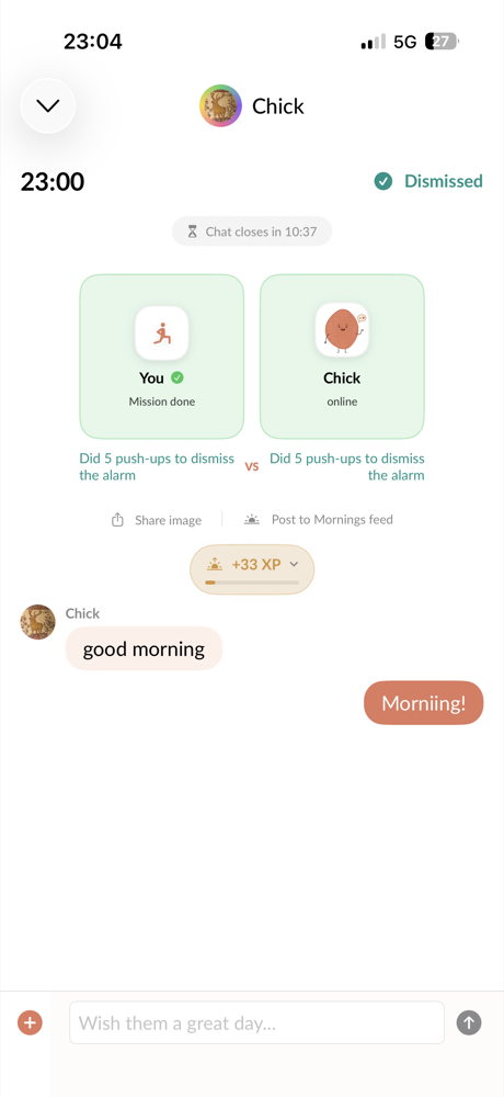 Post-alarm buddy chat saying good morning