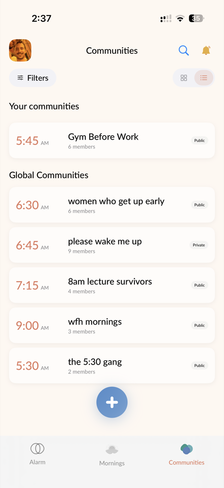 Communities tab with your communities and a global list