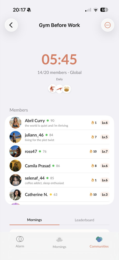Gym Before Work community with members list