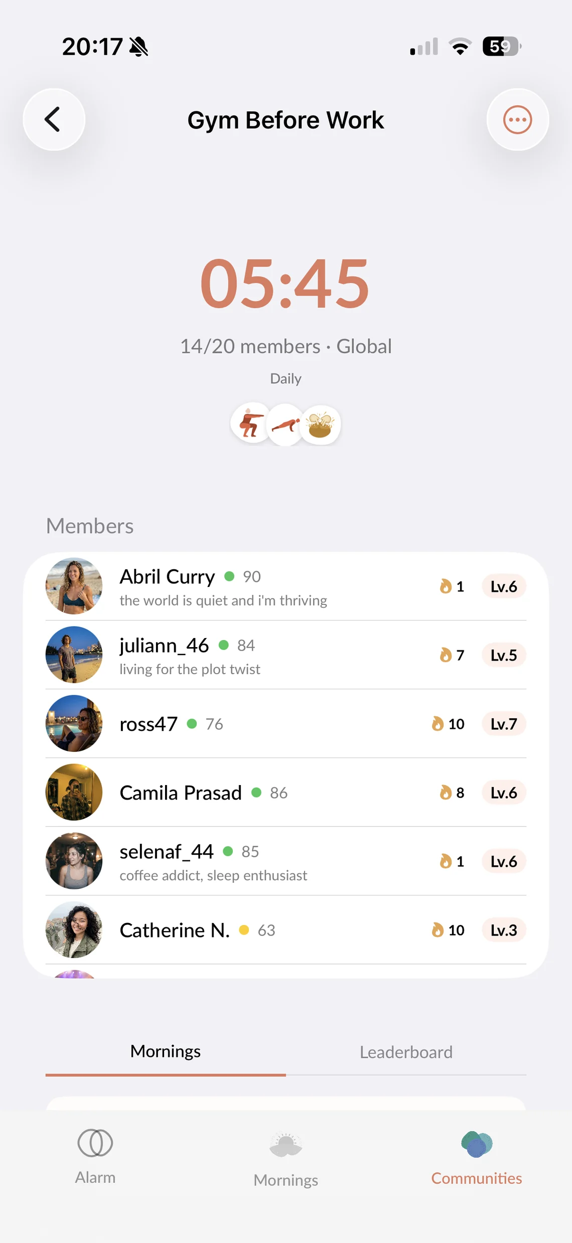 Gym Before Work community with its members list