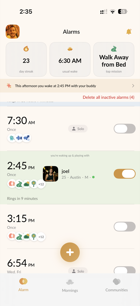 Alarm Mate home screen with a matched buddy