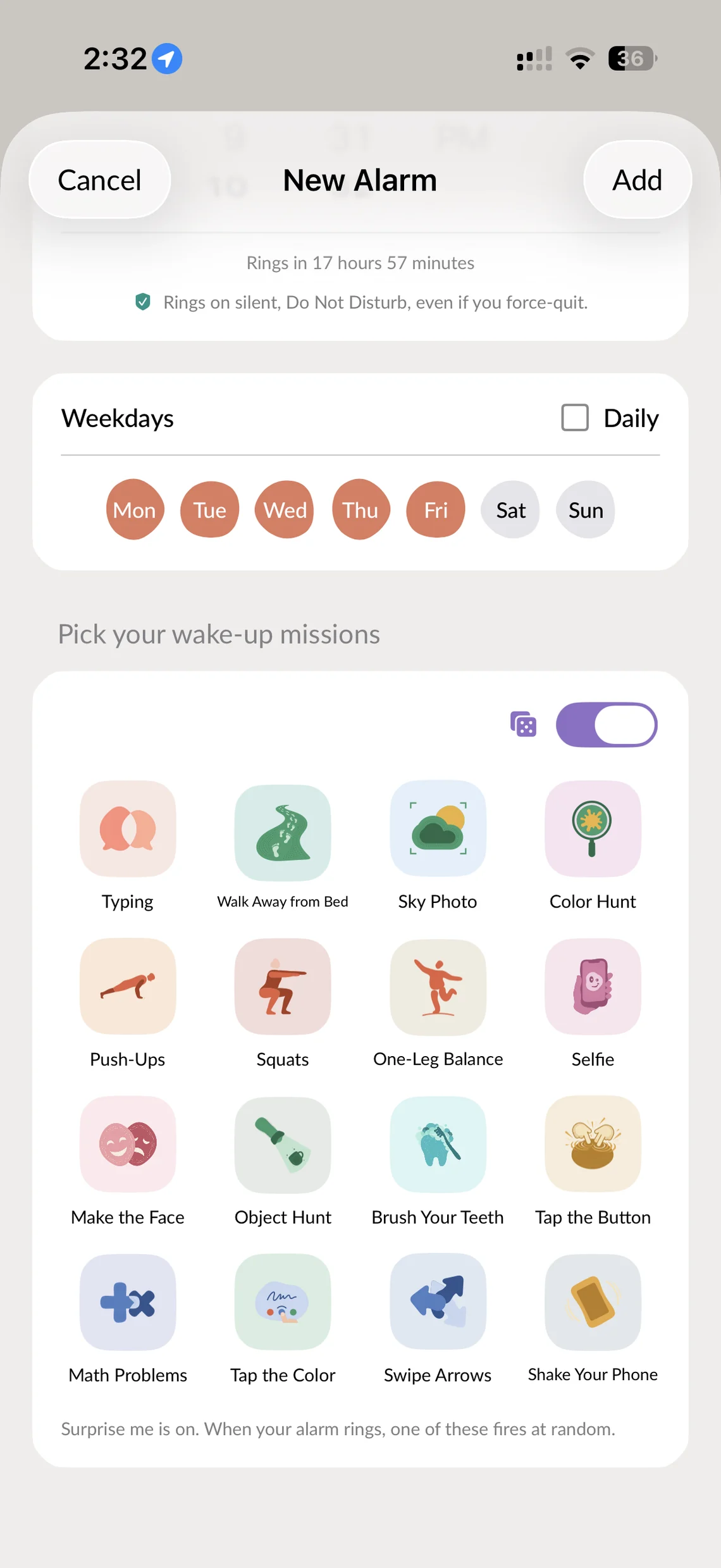 The Alarm Mate mission picker showing fifteen wake-up missions