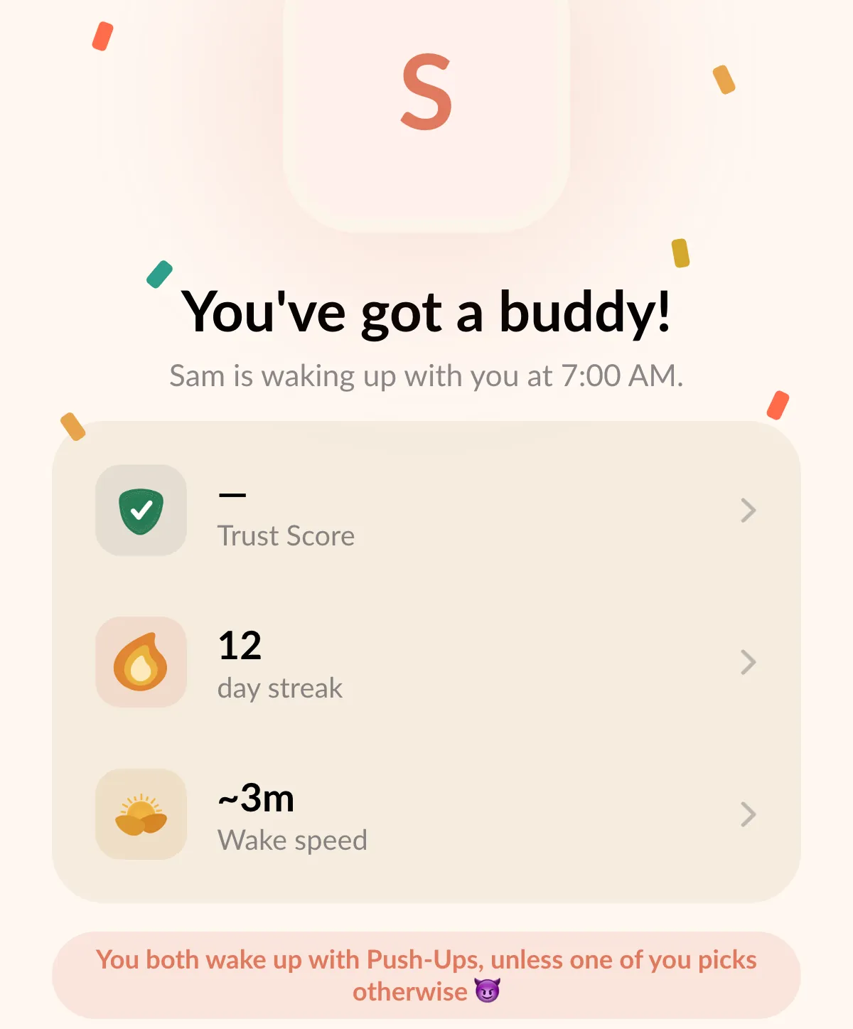 Mockup of the Alarm Mate match screen reading You've got a buddy! Sam is waking up with you at 7:00