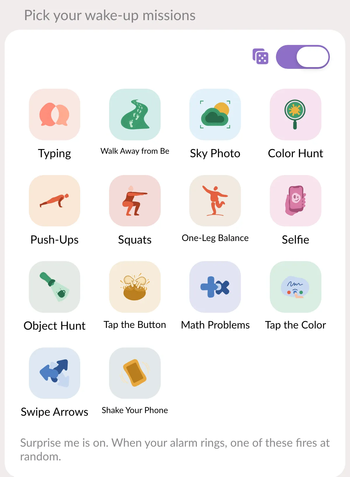 The New Alarm form's mission card with all 14 missions selected and the Surprise me switch on.