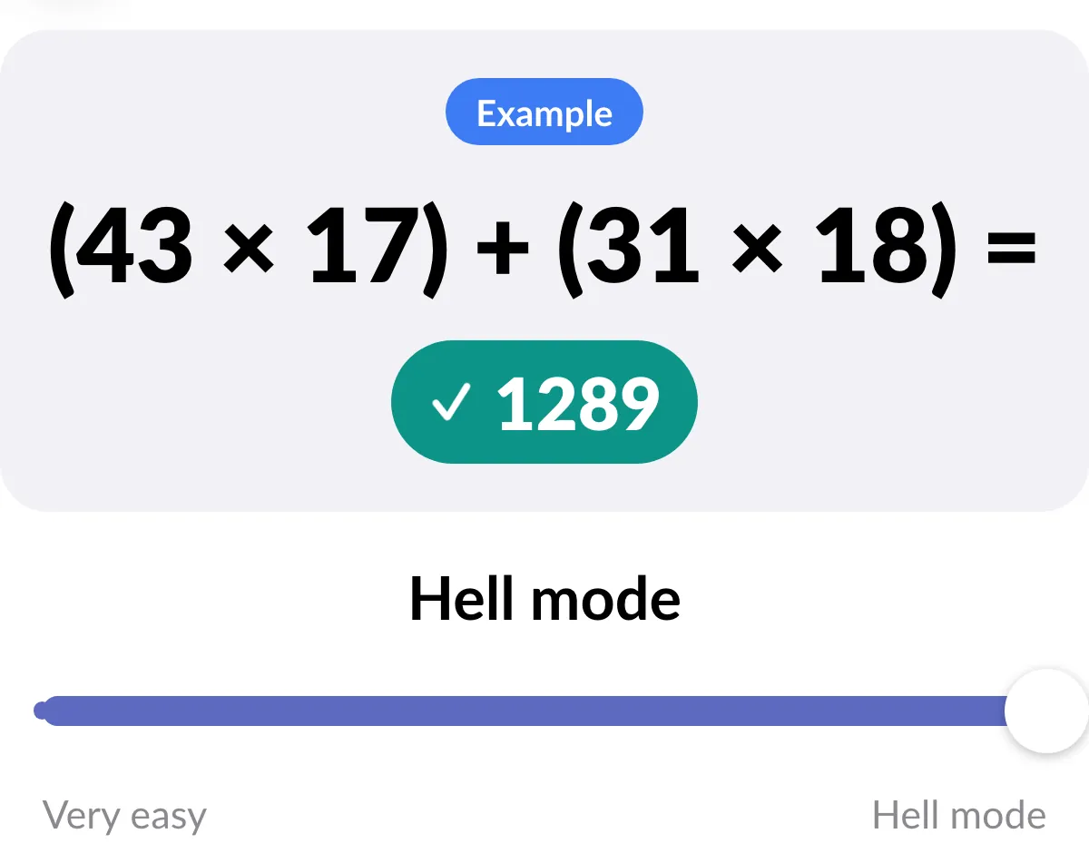 The Math Problems settings at Hell mode: an Example card reading (43 × 17) + (31 × 18) = with the answer 1289, above a difficulty slider pushed all the way to Hell mode.