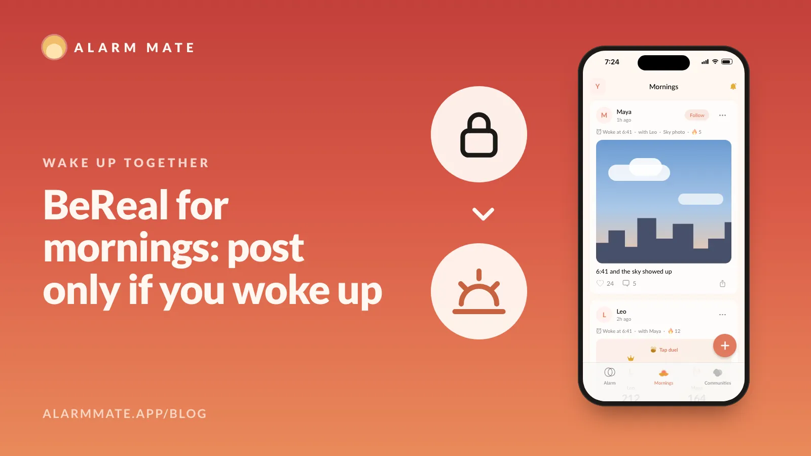 Illustration of a padlock turning into a sunrise, next to a phone showing the Mornings feed with a sky photo post.