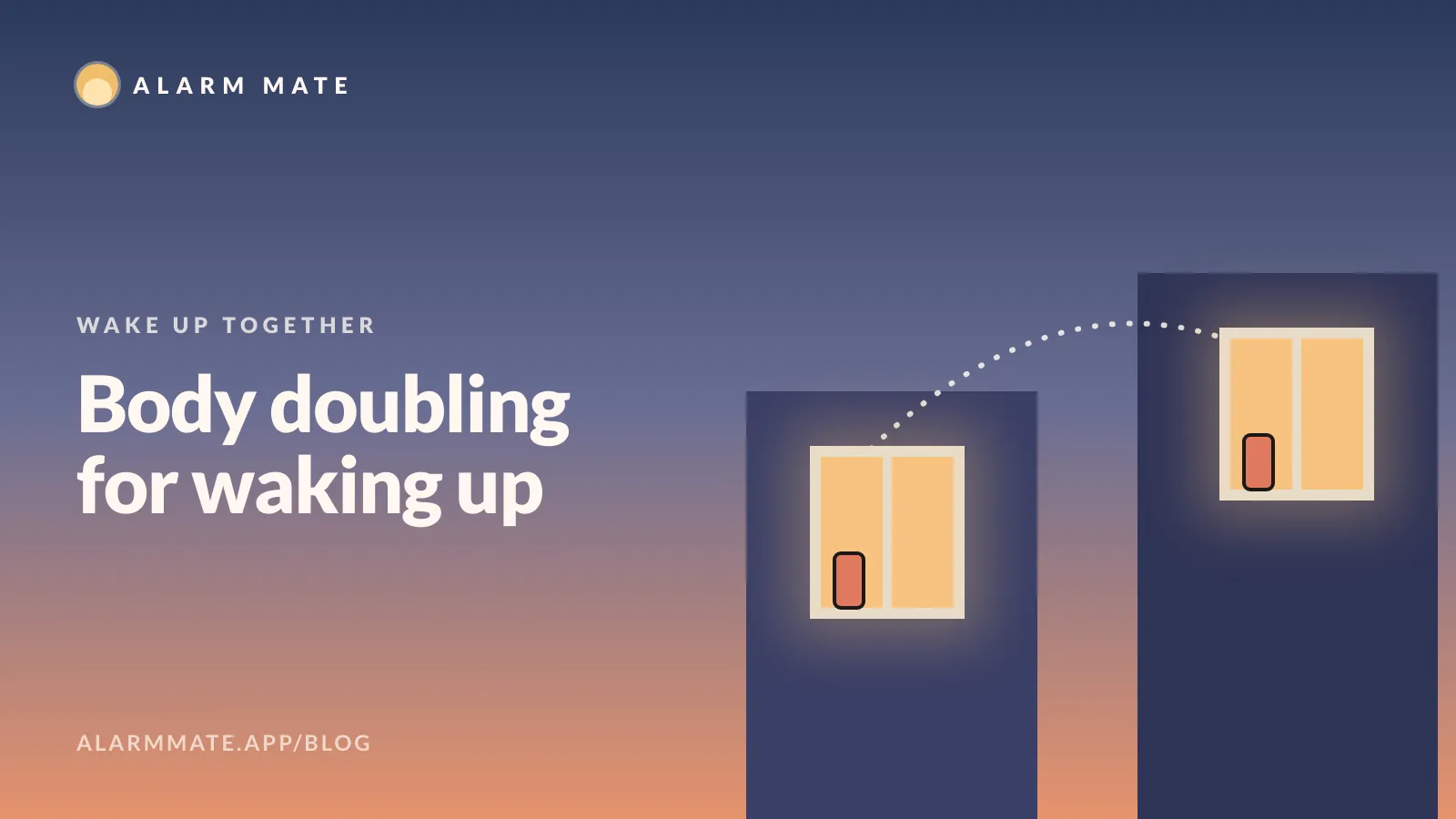 Illustration of two bedroom windows in different buildings at dawn, a phone glowing in each, connected by a thin dotted line.