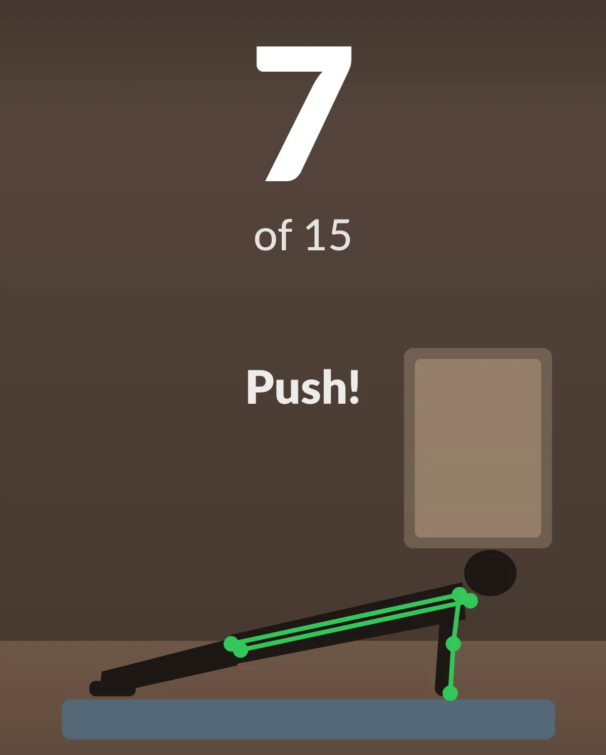 The Push-Ups mission mid-set, with a large rep counter reading 7 of 15.