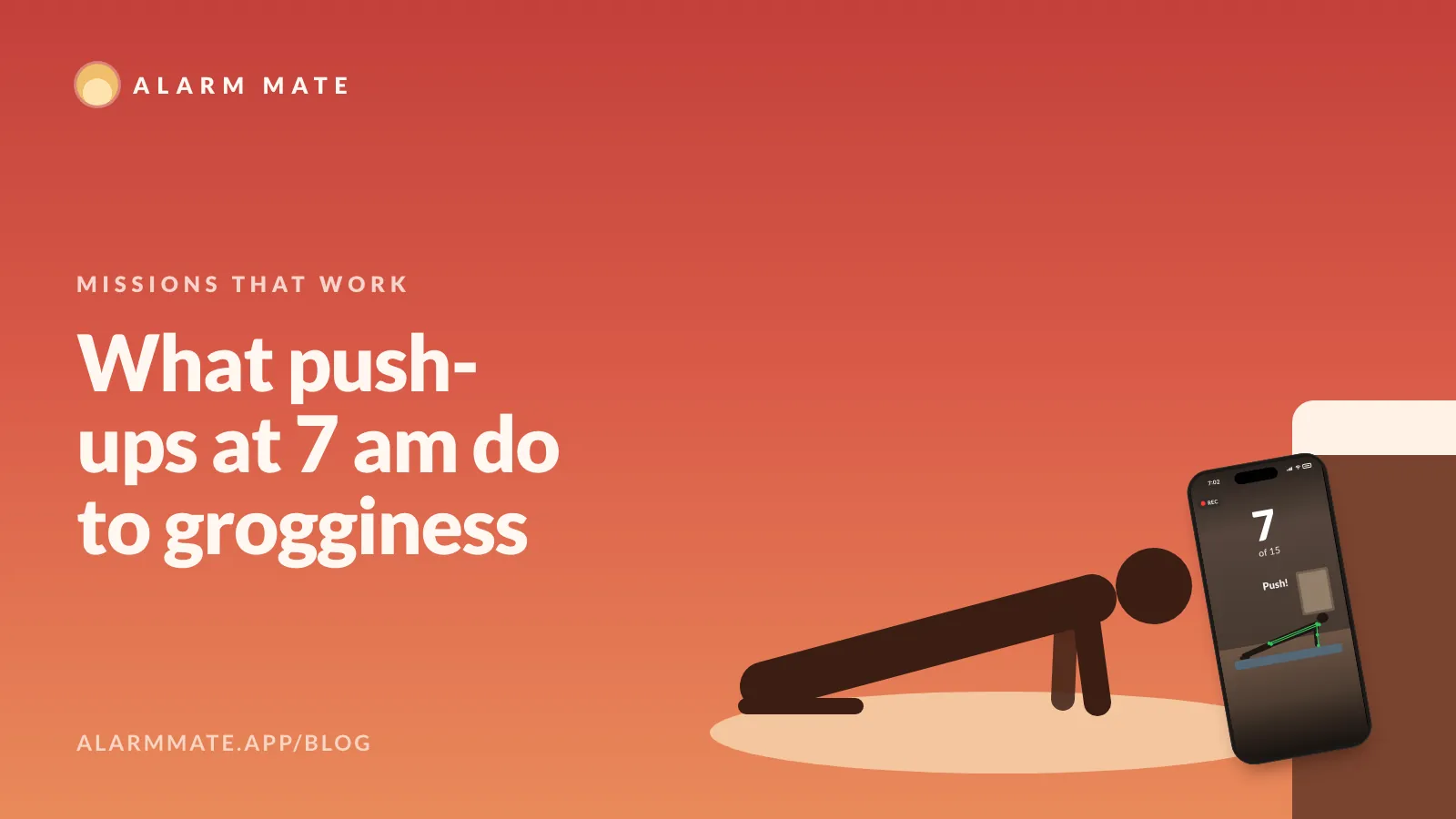 Illustration of a person mid push-up on a bedroom floor at sunrise, a phone propped against the bed counting reps.