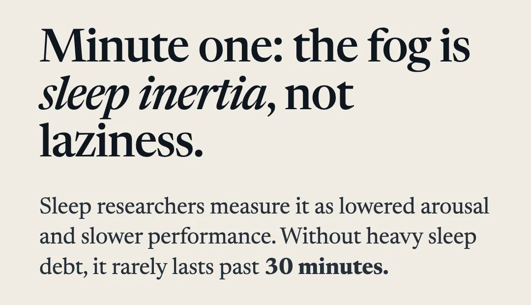 Slide reading: Minute one: the fog is sleep inertia, not laziness. Sleep researchers measure it as lowered arousal and slower performance. Without heavy sleep debt, it rarely lasts past 30 minutes.