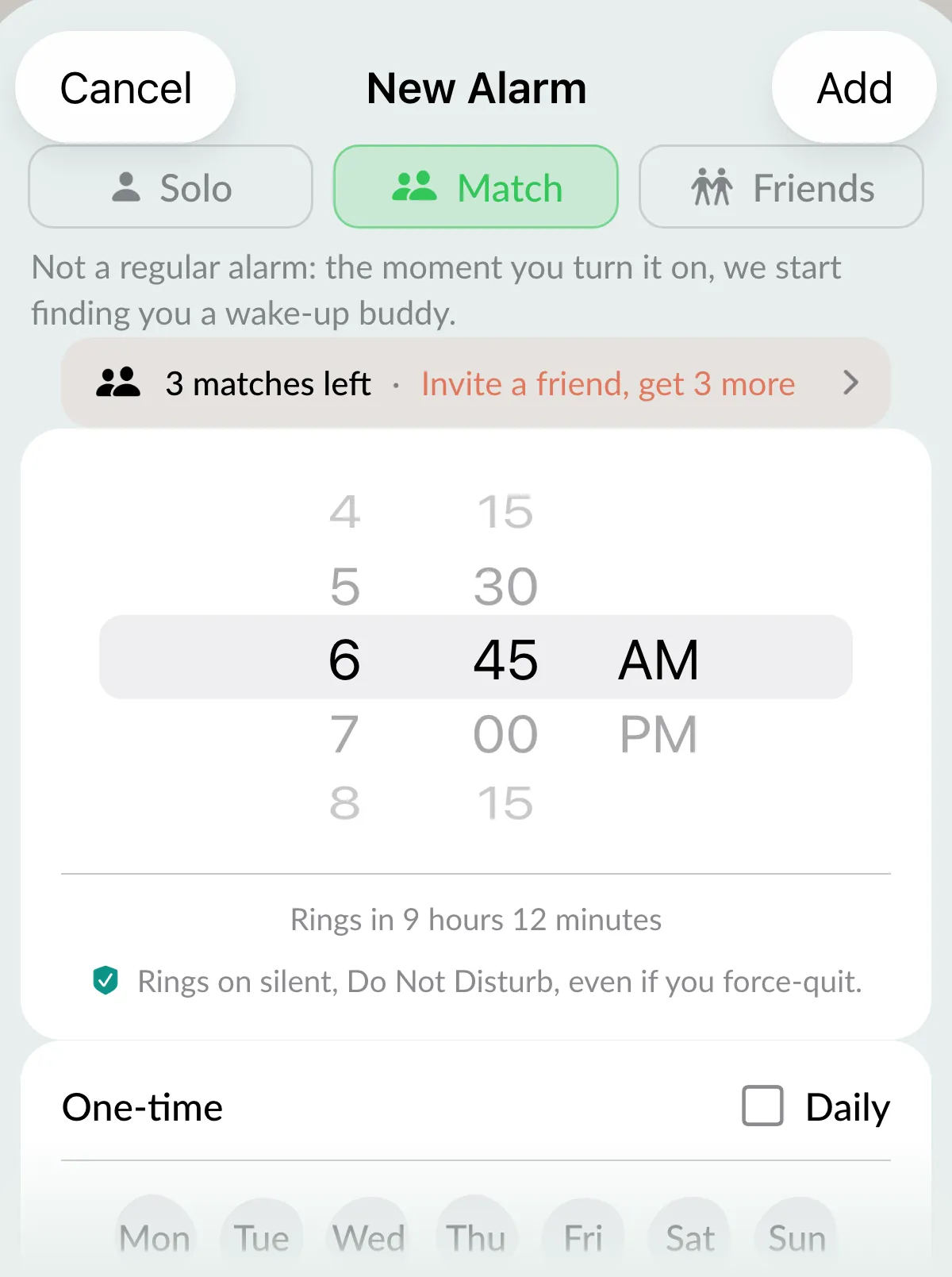 The Match mode of the alarm form, with a strip reading 3 matches left, Invite a friend, get 3 more.