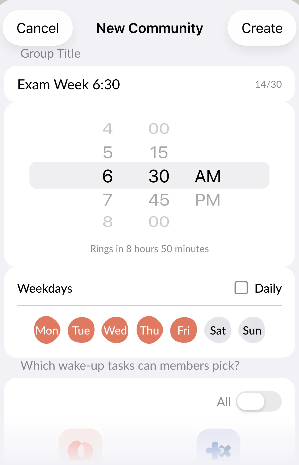 The New Community form: the name Exam Week 6:30, a 6:30 AM time, weekdays selected, and the question Which wake-up tasks can members pick?