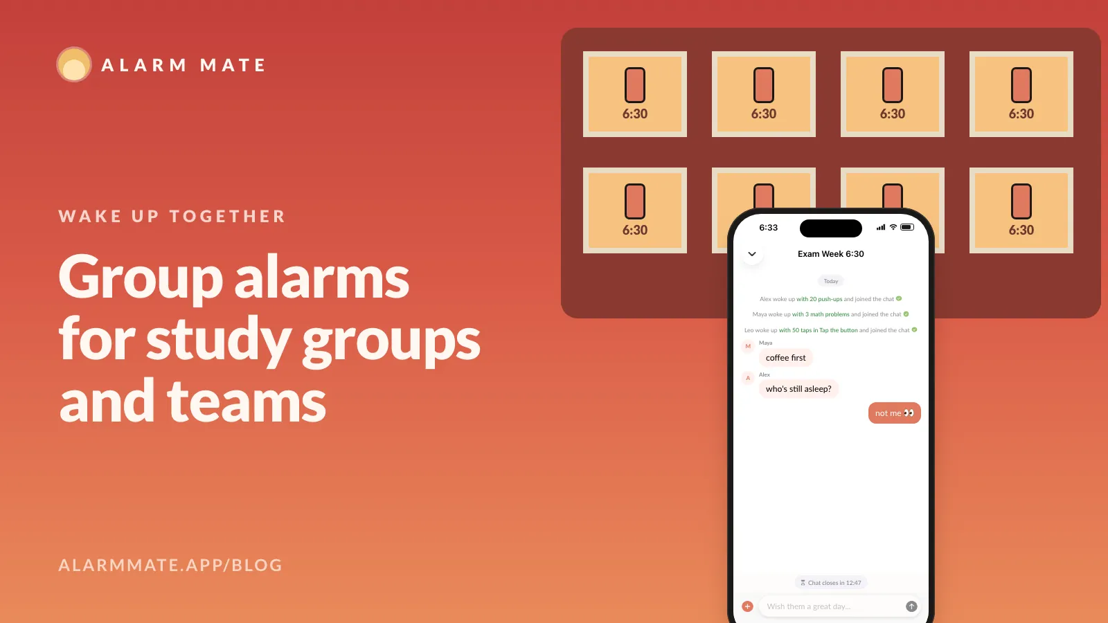 Illustration of a building with eight lit windows, each with a phone showing 6:30, and a phone in front showing a group chat with lines like Alex woke up with 20 push-ups and joined the chat.