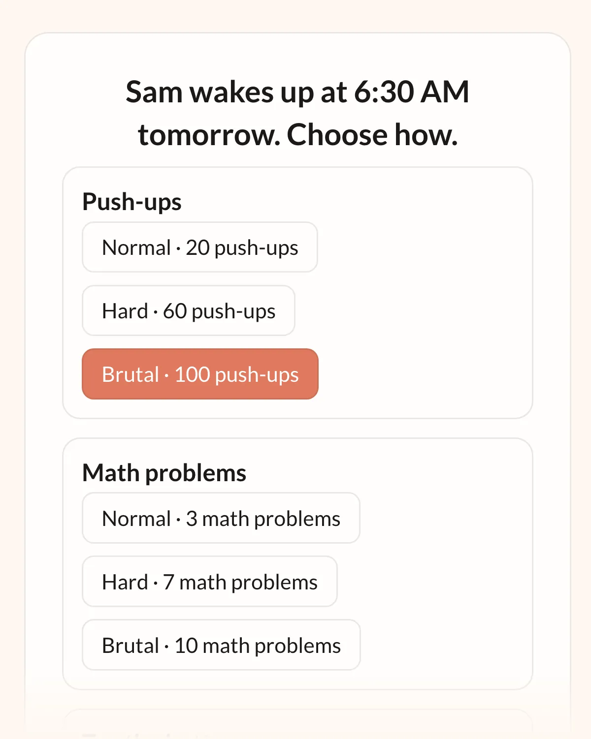 A web page on a phone reading Sam wakes up at 6:30 AM tomorrow. Choose how., with Push-ups and Math problems cards offering Normal, Hard and Brutal, and Brutal · 100 push-ups selected.
