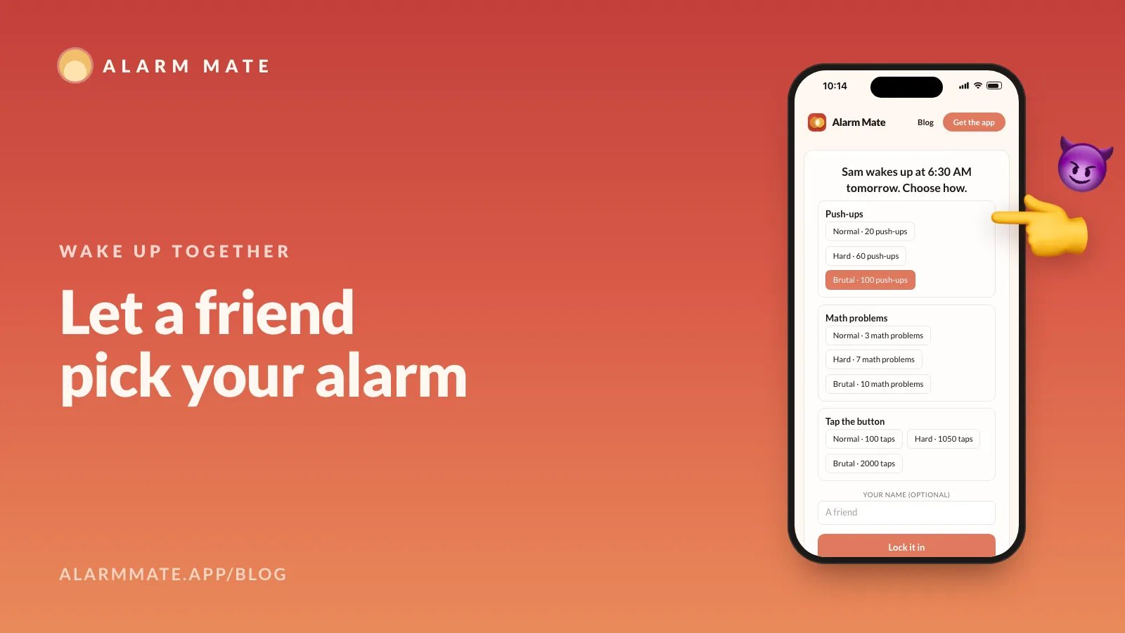A phone browser page asking a friend to choose how someone wakes up, with mission cards and Normal, Hard and Brutal buttons.