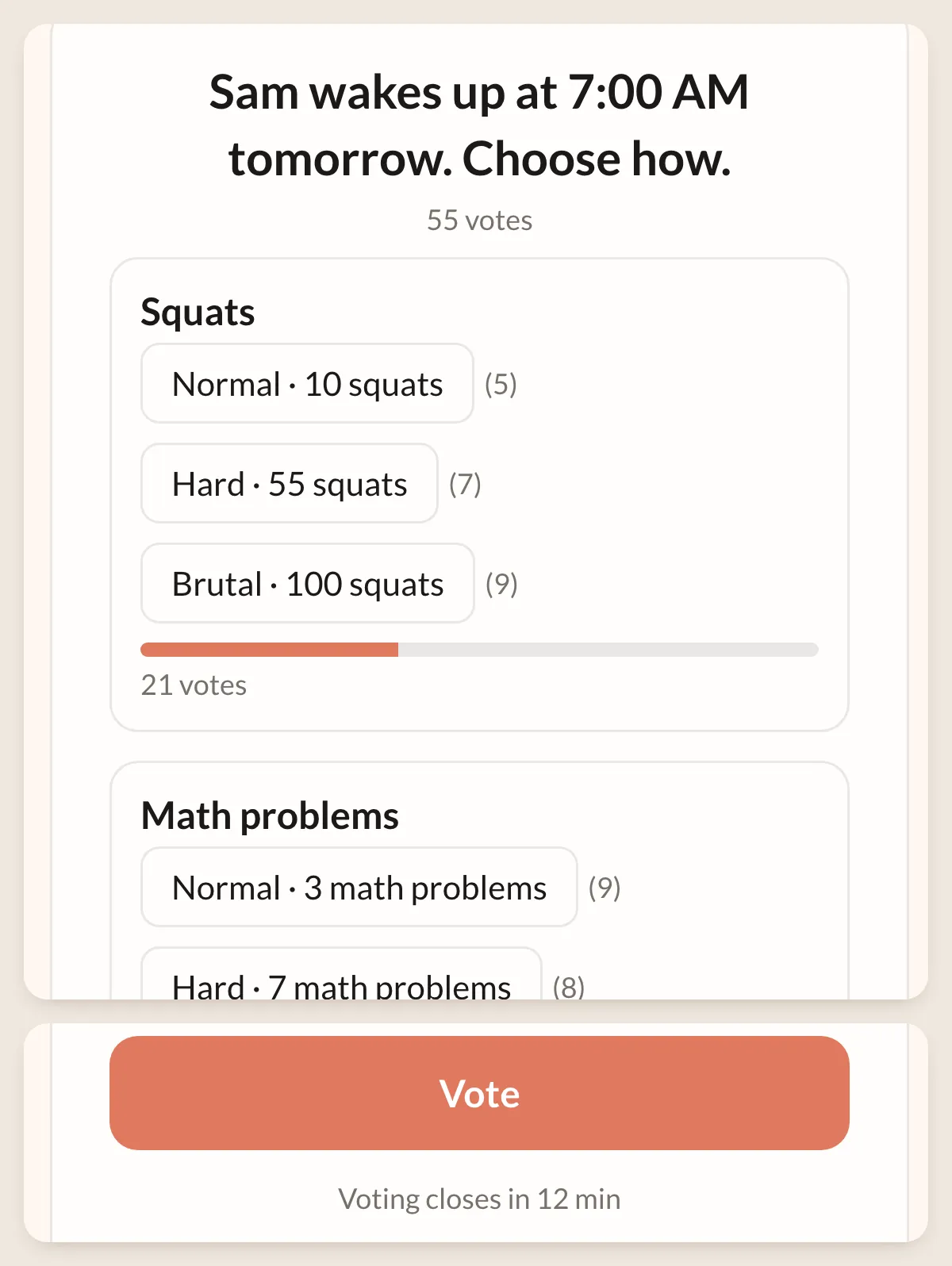 The voting page on a phone: 55 votes, vote counts per level and a bar per mission, then the Vote button and the line Voting closes in 12 min.