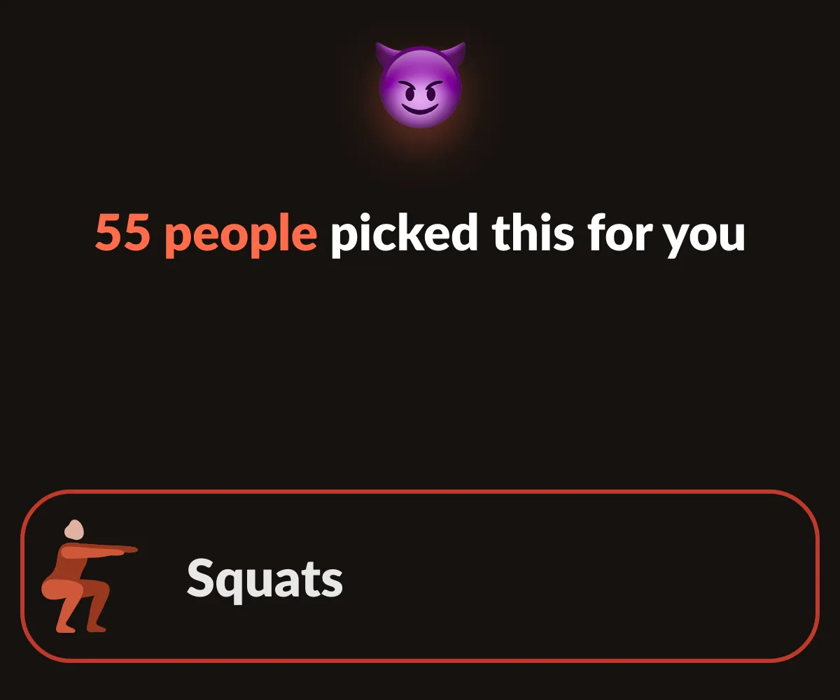 The Alarm Mate lobby at the reveal: a devil emoji, the headline 55 people picked this for you, and the reel stopped on Squats.