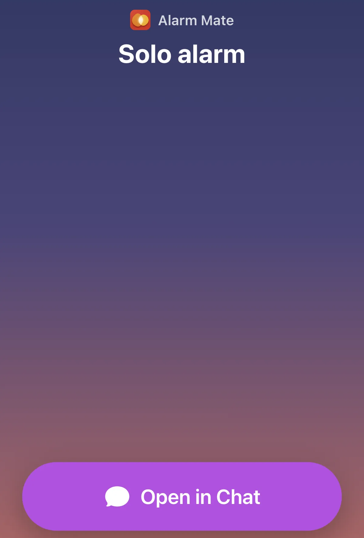 Mockup of the Alarm Mate lock-screen alarm showing the alarm title, the app name and a single Open in Chat button