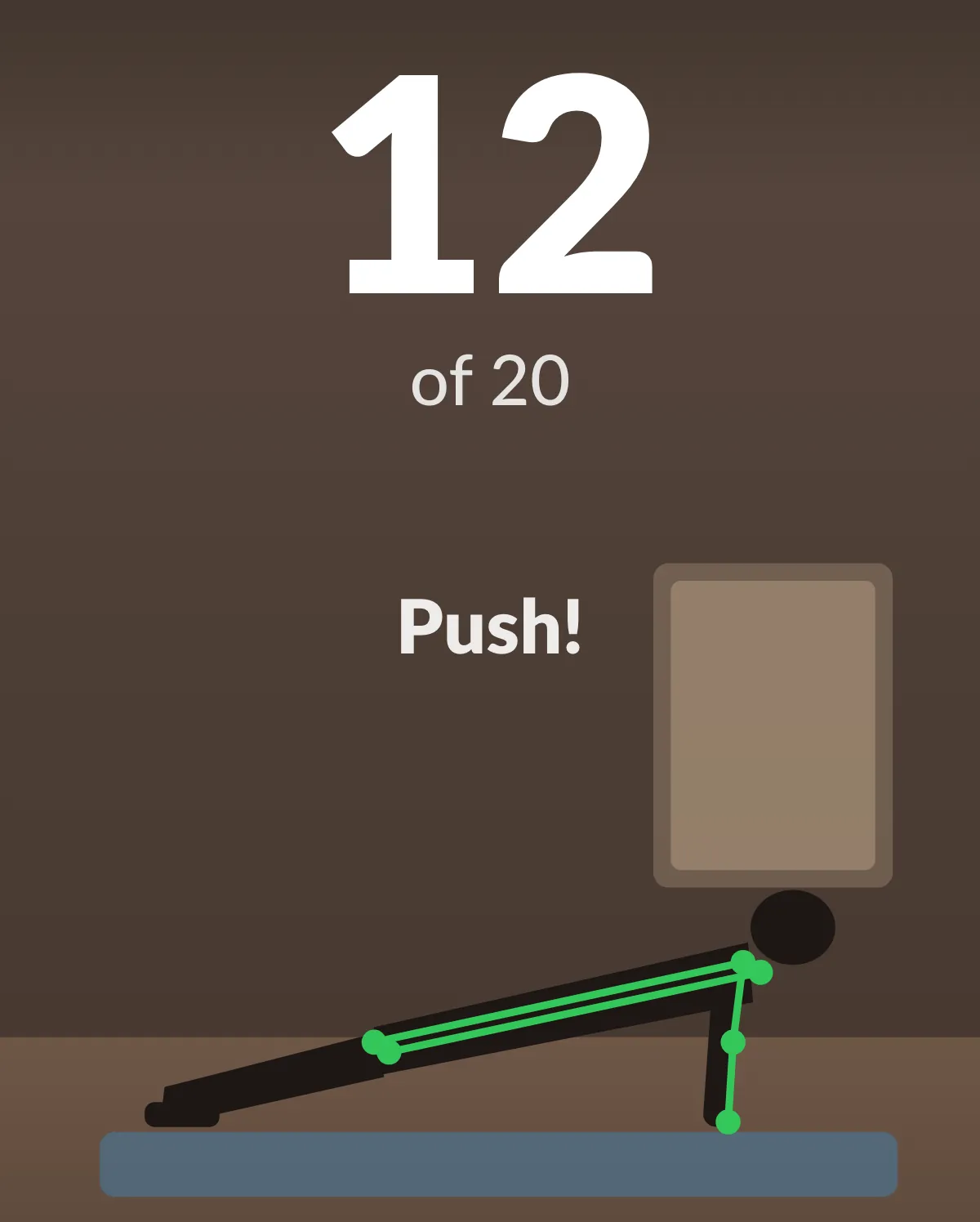 Mockup of the Alarm Mate Push-Ups mission mid-set: a counter reading 12 of 20 over the camera view, with the body outline the camera tracks.