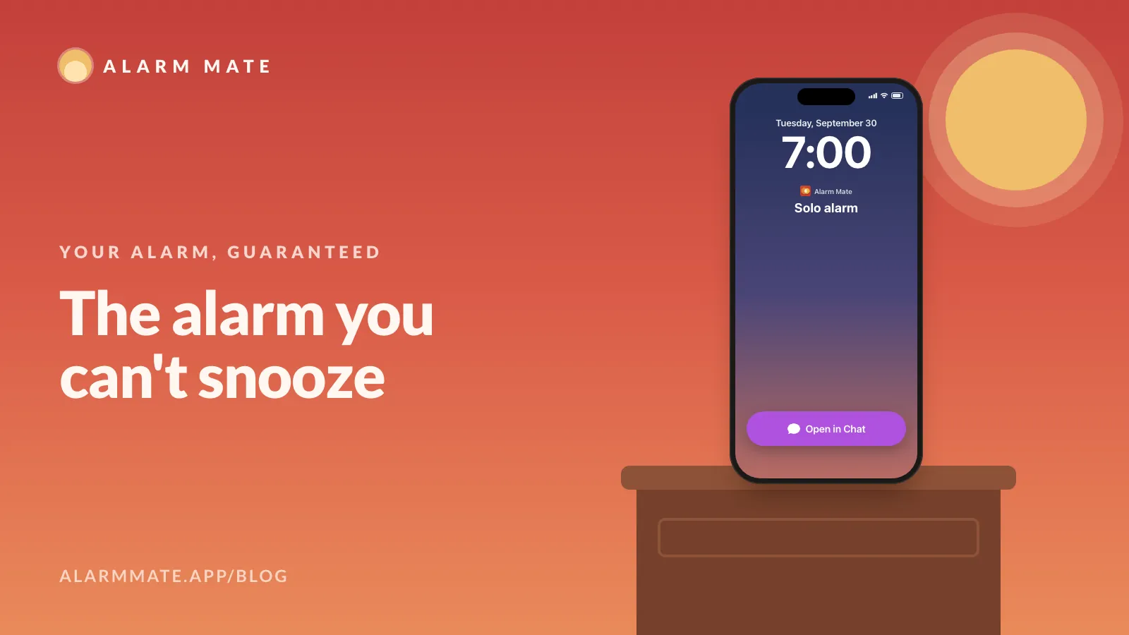 Illustration of an iPhone lock screen with a ringing alarm that has one button, Open in Chat, and no snooze button