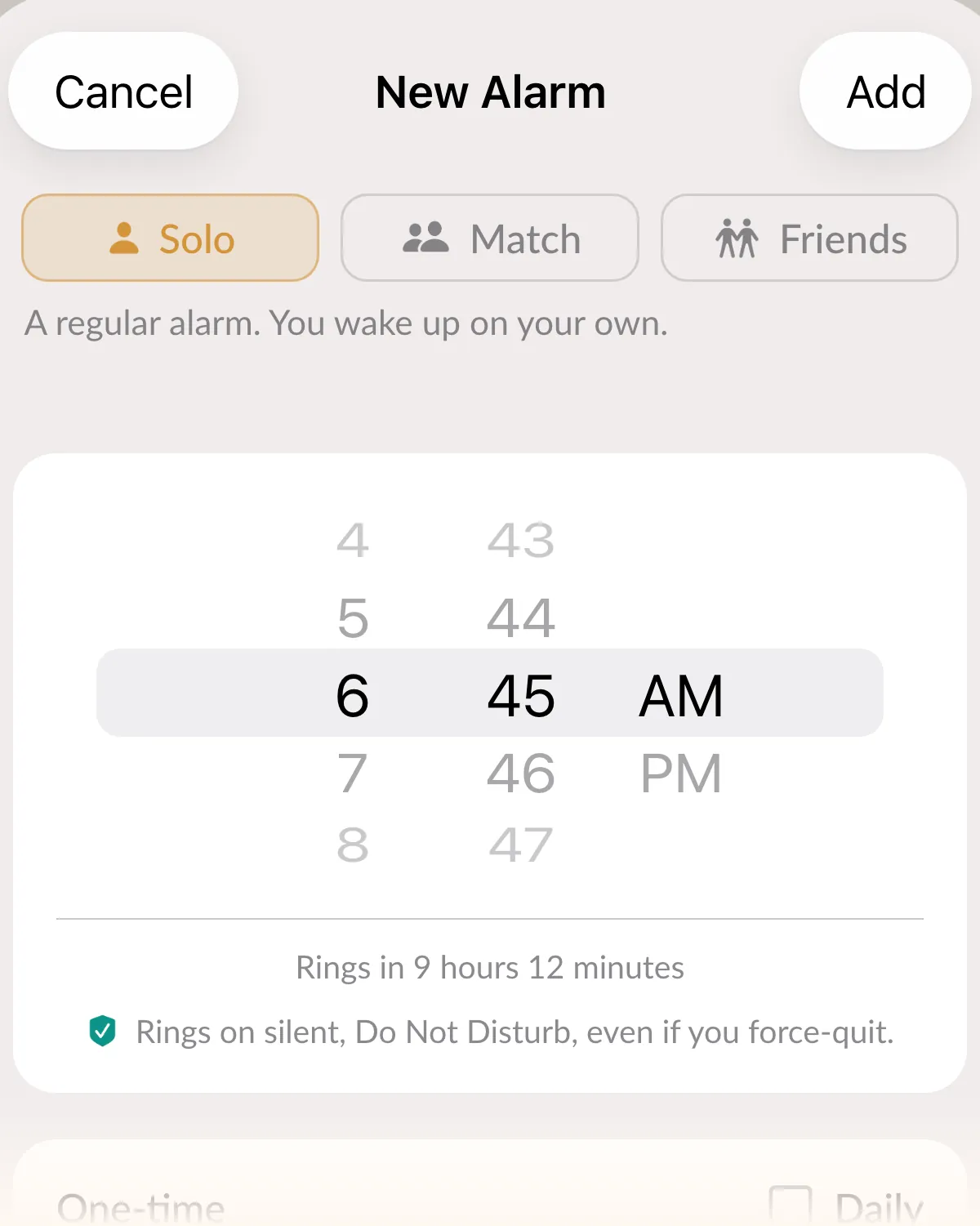 The New Alarm form in Alarm Mate with three mode tabs across the top: Solo, Match and Friends.