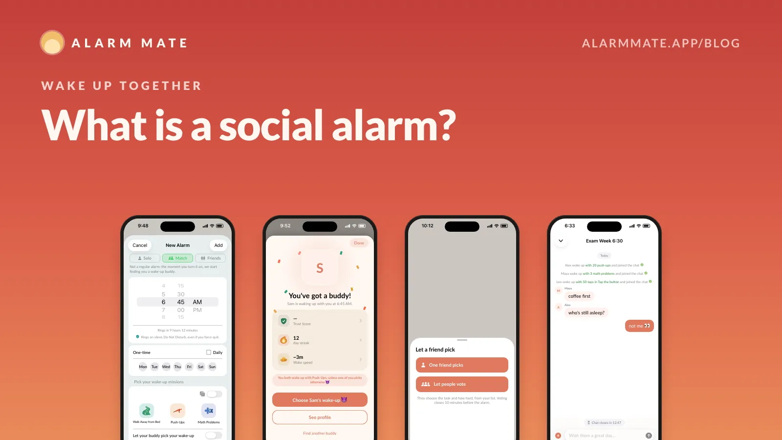 Four phone screens side by side: the New Alarm form in Match mode, a buddy match screen, the Let a friend pick sheet and a community chat.