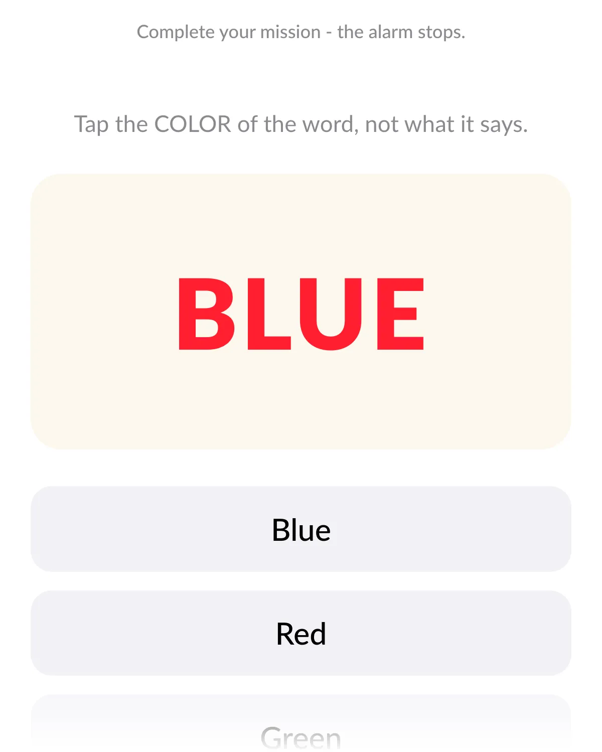 The Tap the Color mission: the word BLUE printed in red ink, with three gray answer buttons below, Blue, Red and Green.