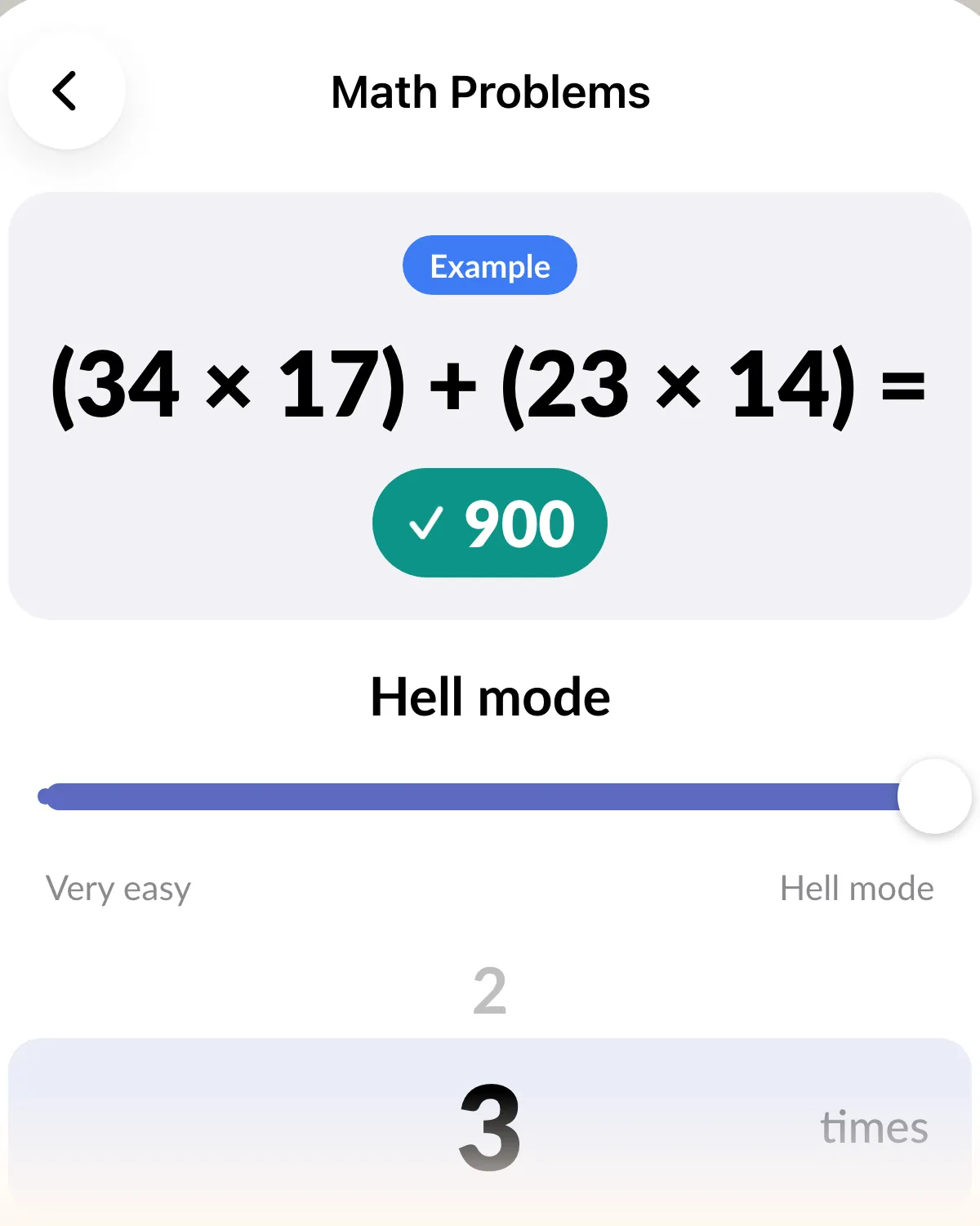The Math Problems settings: an example problem, the difficulty slider at Hell mode, from Very easy to Hell mode, and a count wheel set to 3.