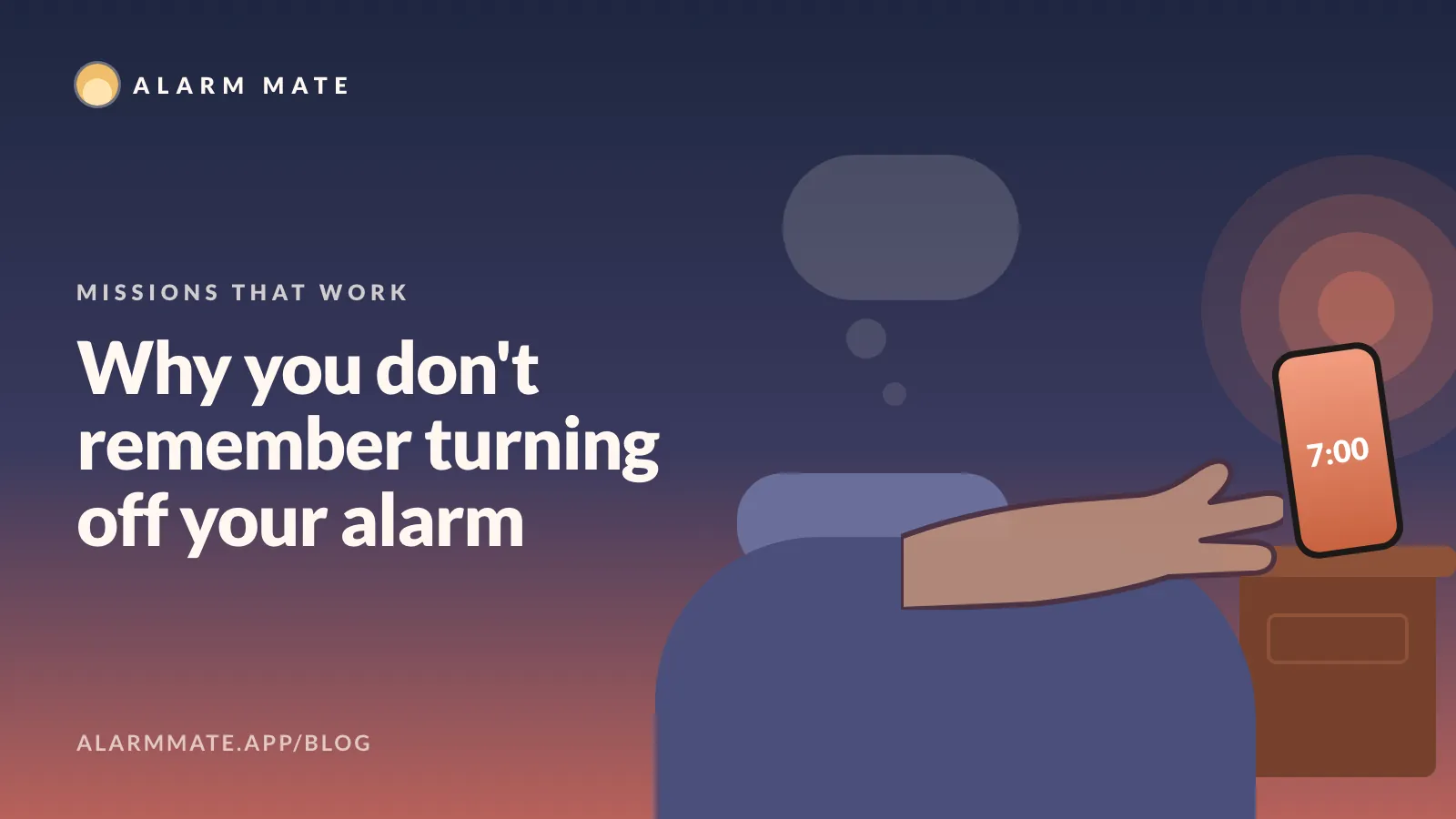 Illustration of a hand reaching out from under a duvet to swipe off a ringing phone, with a faded thought bubble that is empty.
