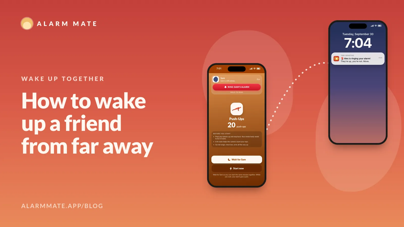 Illustration of two phones joined by a dotted line: one shows the lobby with a RING SAM’S ALARM button, the other a lock screen at 7:04 with the notification Alex is ringing your alarm!