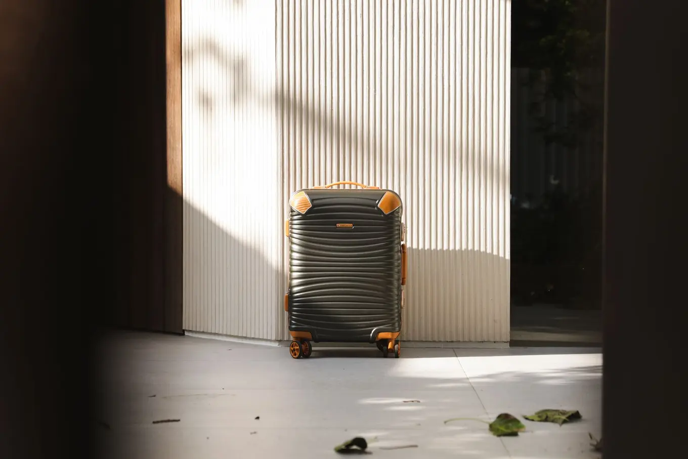 A suitcase standing by an open doorway in early light.
