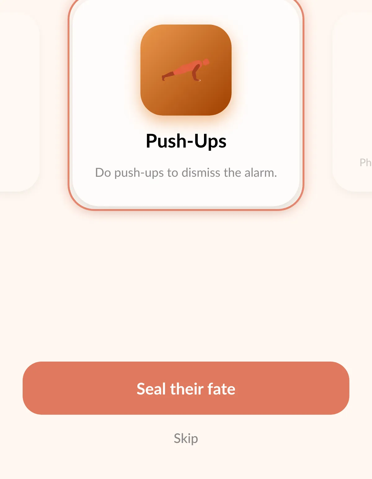The Buddy's Choice picker: a carousel of Sam's missions with Push-Ups in the middle, and a Seal their fate button at the bottom.