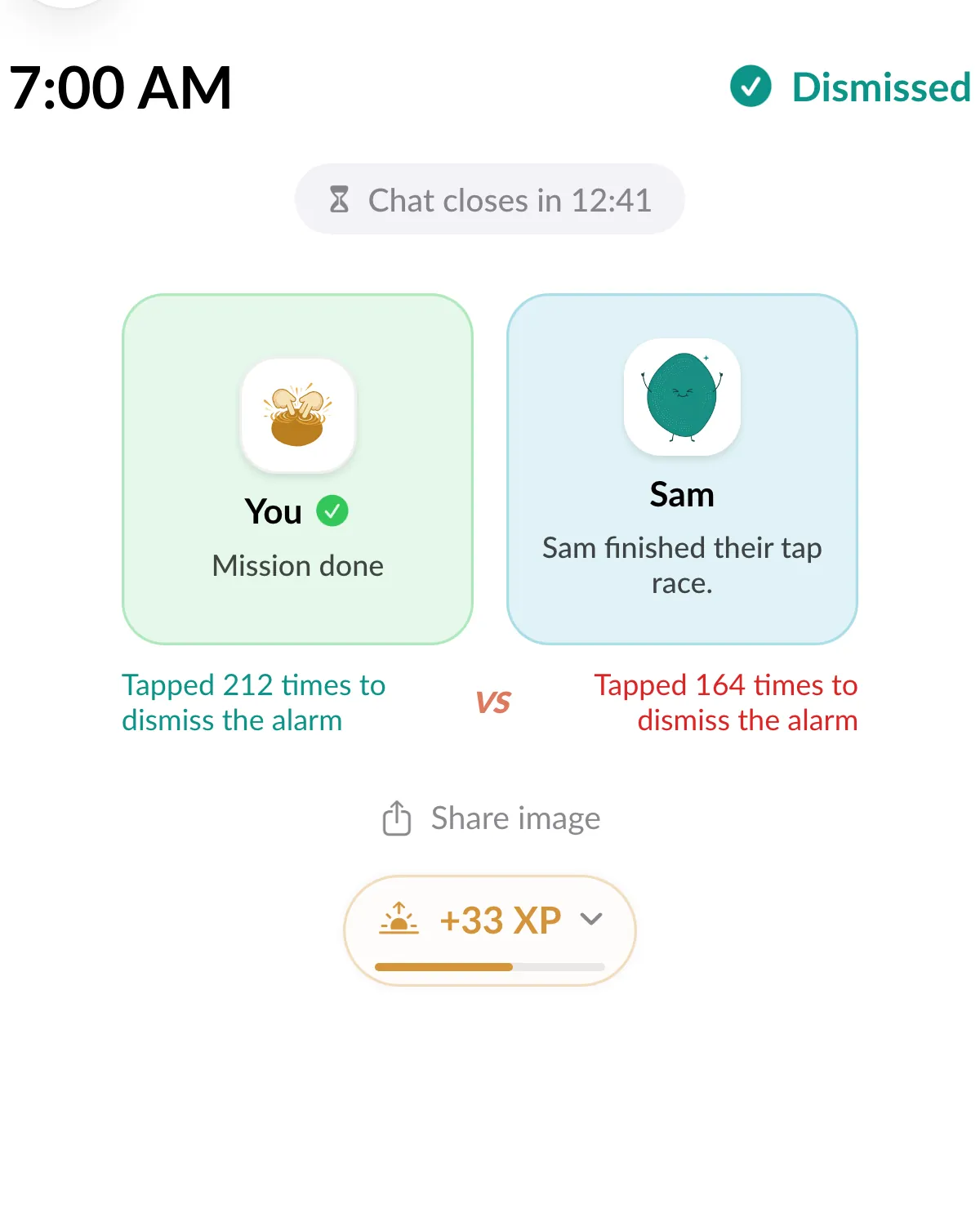 The chat after the alarm: two squares, You with Mission done and Sam finished their tap race, and under them Tapped 212 times to dismiss the alarm in green, VS, Tapped 164 times in red.