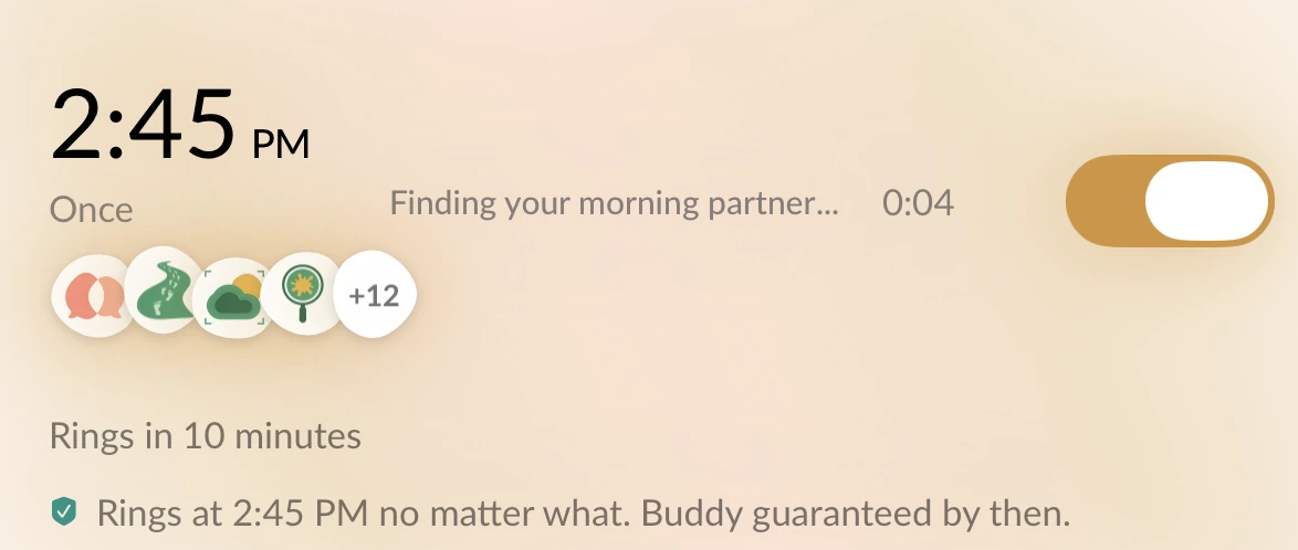 Alarm row reading: rings at 2:45 PM no matter what, buddy guaranteed by then